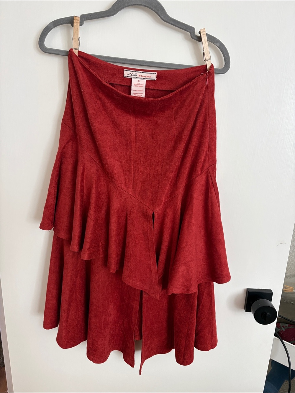 A. Calin Deep Red Asymmetrical Ruffle Skirt